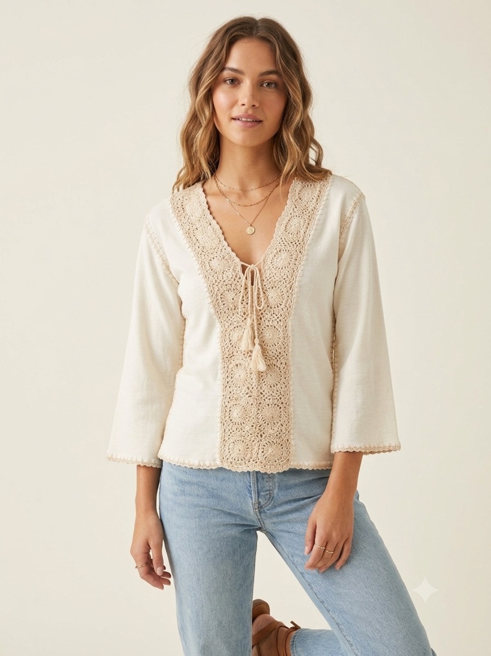 Vintage Dion’s Cream Boho Crochet Tie-Front Top Size XS / S